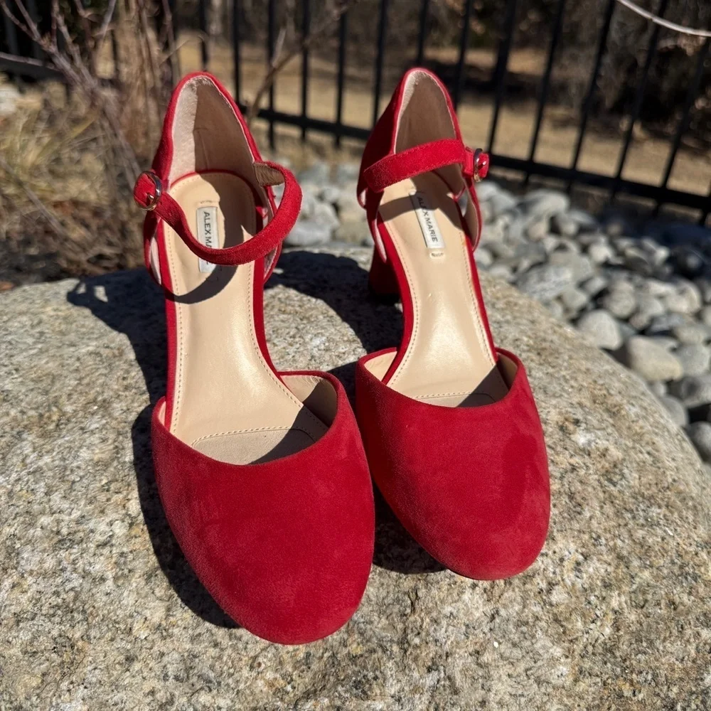 Alex Marie Womens Red Suede Ankle Strap Block Heel Pointed Toe Pumps Size 7M